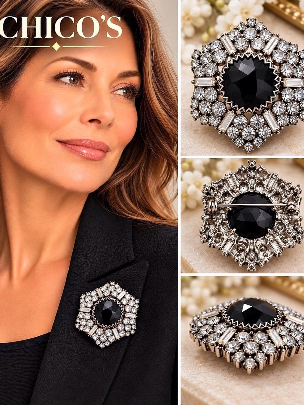 Chico's Black Crystal Statement Brooch Like New